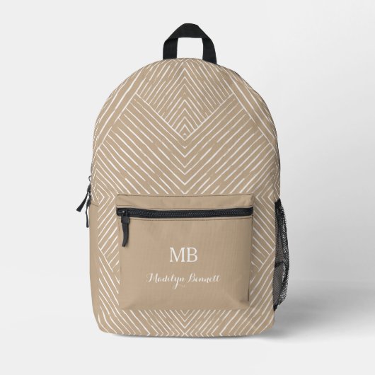 Monogram en naam Tan White Geometric Bedrukte Rugzak (Voorkant)
