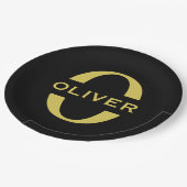 Monogram en naam zwart en goud op maat papieren bordje (Gekanteld)