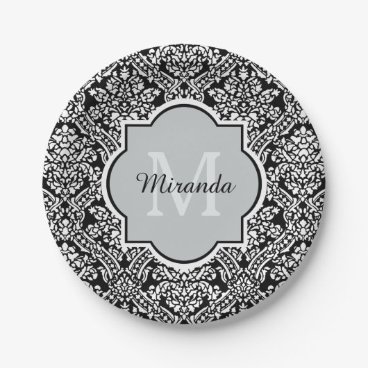 Monogram en naam zwart-wit Damask Pattern Papieren Bordje (Voorkant)
