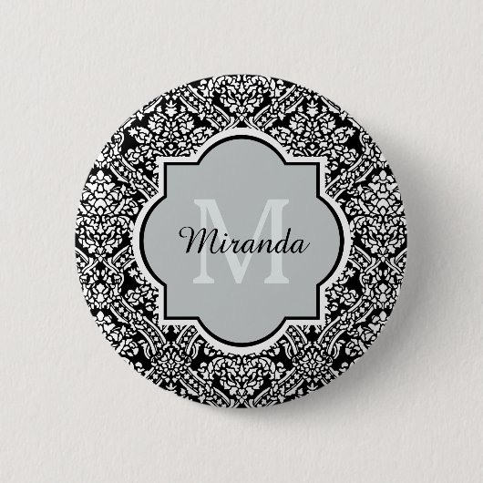 Monogram en naam zwart-wit Damask Pattern Ronde Button 5,7 Cm (Voorkant)
