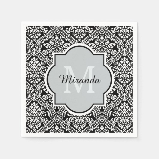 Monogram en naam zwart-wit Damask Pattern Servet (Voorkant)