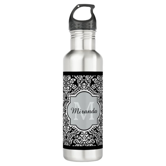 Monogram en naam zwart-wit Damask Pattern Waterfles (Voorkant)