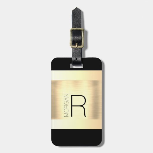 Monogram en naam, zwarte en grijze tekst, geborste bagagelabel (Voorkant verticaal)