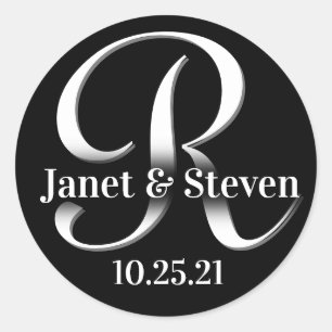 Monogram en Namen Zwart-wit Ronde Sticker