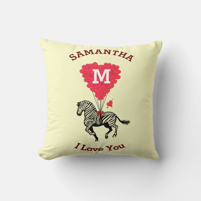Monogram en zebra rood hart gepersonaliseerd kussen (Voorkant)