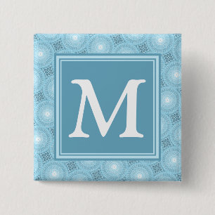 Monogram engel blauw cirkelpatroon vierkante button 5,1 cm