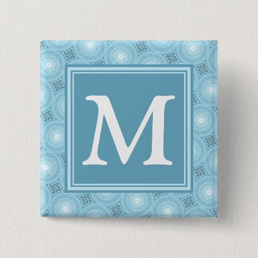 Monogram engel blauw cirkelpatroon vierkante button 5,1 cm (Voorkant)