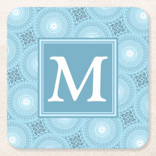 Monogram engel blauw cirkelpatroon vierkante kartonnen onderzetter
