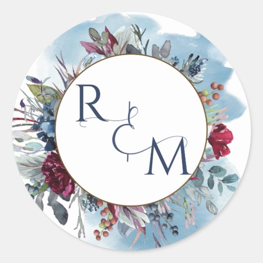 Monogram Envelop Seal Blue Bourgogne bruiloft Ronde Sticker (Voorkant)