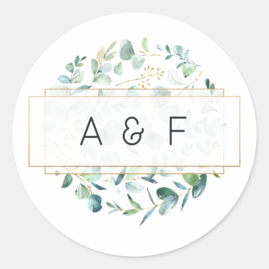 Monogram Eucalyptus Geometric Weddenschap Ronde Sticker (Voorkant)