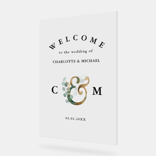 Monogram Eucalyptus greenery Gold bruiloft Acryl Bord (Hoek)