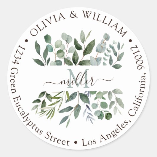 Monogram Eucalyptus Greenery Retouradreslabel Ronde Sticker (Voorkant)
