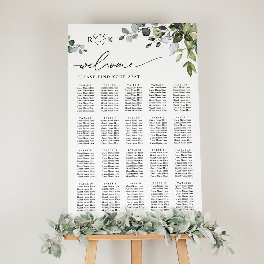 Monogram Eucalyptus Greenery Wedding Seding Chart Poster