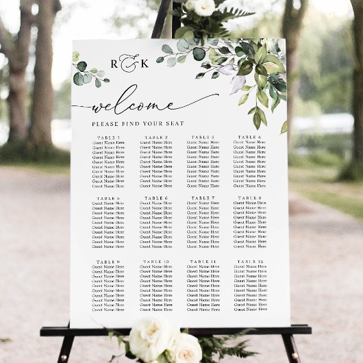 Monogram Eucalyptus Greenery Wedding Seding Chart Poster