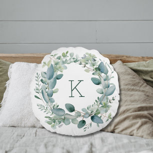 Monogram Eucalyptus Groene Bladeren Bruiloft Rond Kussen