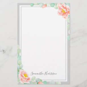 Monogram Eucalyptus Leaves Peony Floral Peach Gray Briefpapier