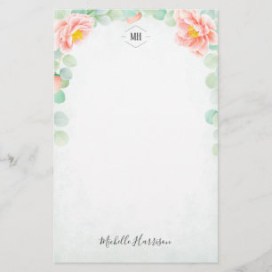 Monogram Eucalyptus Peony Floral Waterverf Peach Briefpapier