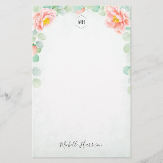 Monogram Eucalyptus Peony Floral Waterverf Peach Briefpapier (Voorkant)