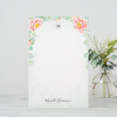 Monogram Eucalyptus Peony Floral Waterverf Peach Briefpapier (Staand voorkant)