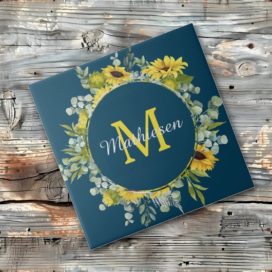Monogram Eucalyptus Sunflower Blue Tegeltje