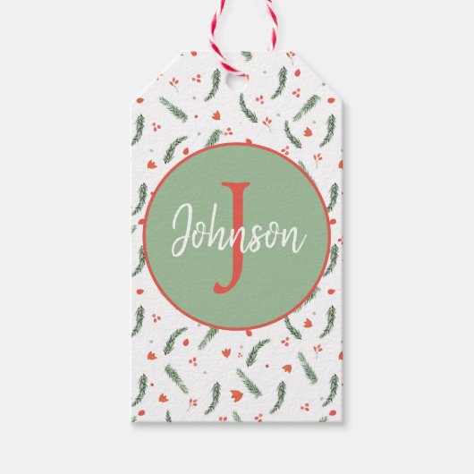 Monogram Evergreen en Red Holiday Cadeaulabel (Voorkant)