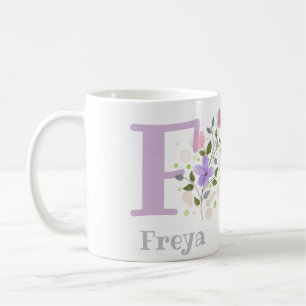 Monogram F & naam Freya met bloemen Koffiemok