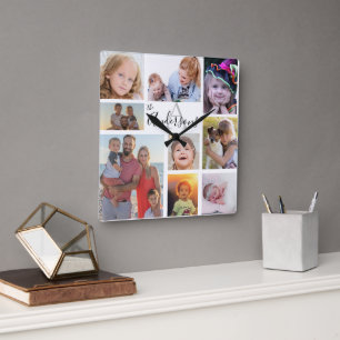 Monogram Familie acht Foto Gepersonaliseerd Vierkante Klok