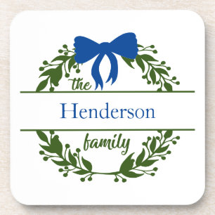 Monogram Familienaam Green Wreath Blue Bow Bier Onderzetter
