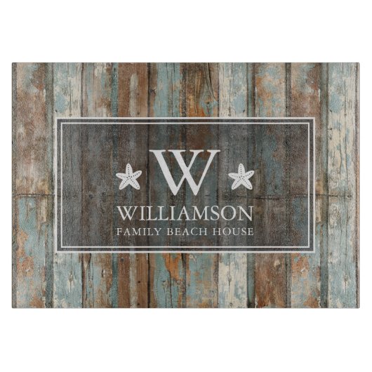 Monogram Familienaam Rustic Boho Wood Beach House Snijplank (Voorkant)