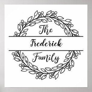 Monogram Familienaam WreatBlack White Leaves Poster
