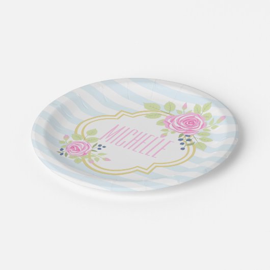 Monogram Fancy roze rozen blauwbes Bord (Gekanteld)