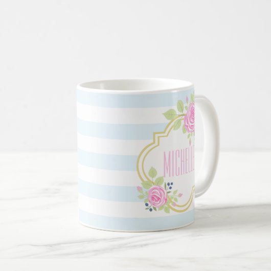 Monogram Fancy roze rozen blauwbes Klassieke Mok (Voorkant rechts)