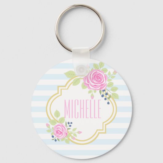 Monogram Fancy roze rozen blauwbes Sleutelhanger (Voorkant)