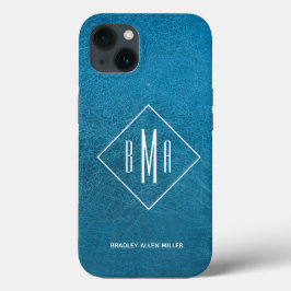 Monogram Faux Blue Leather iPhone 13 Hoesje