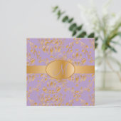 Monogram faux gold damask/lavender kaart (Staand voorkant)