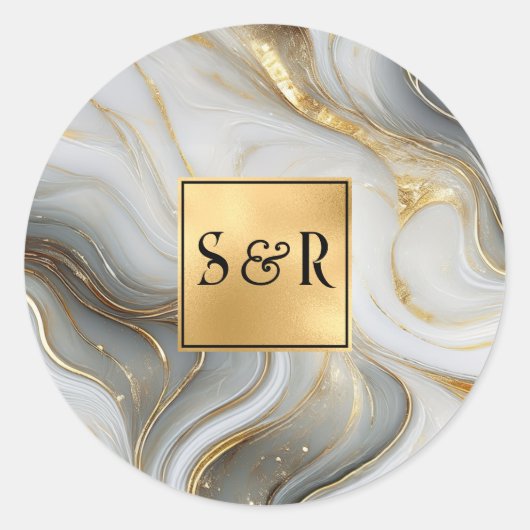 Monogram Faux Goud, Grijs Wit Marmered Wedding Ronde Sticker (Voorkant)