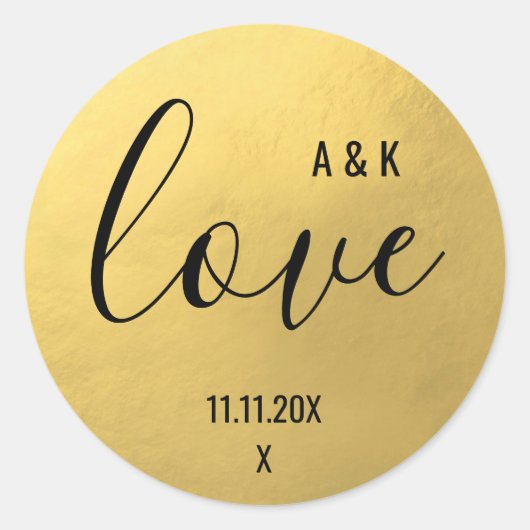 Monogram Faux Gouden Folie LIEFDE Script Zwart Bru Ronde Sticker (Voorkant)