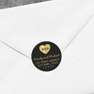 Monogram Faux Gouden Hart Paar Retouradres Ronde Sticker
