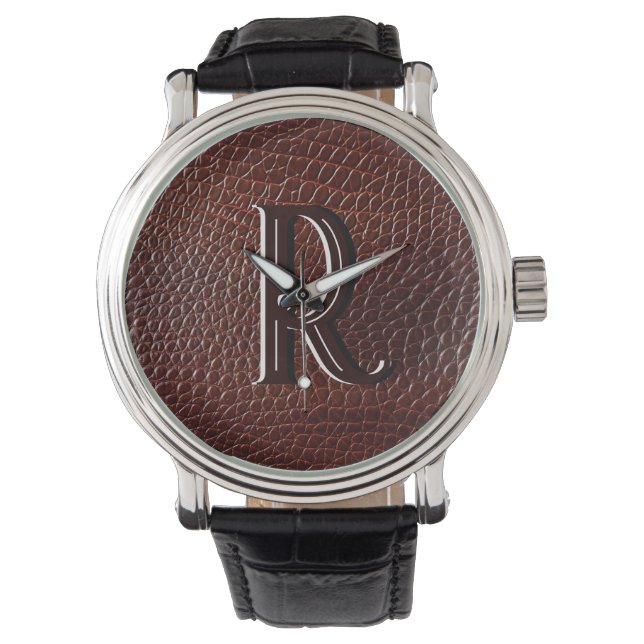 Monogram Faux leder bruin reliëf Horloge (Voorkant)