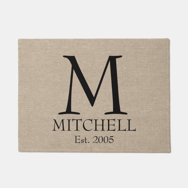Monogram faux linen burlap rustige initiaal deurmat (Voorkant)