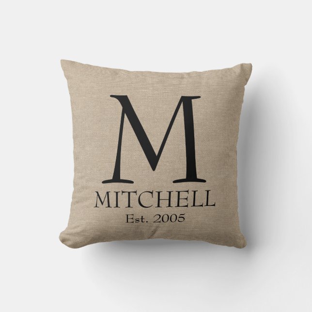 Monogram faux linen burlap rustige initiaal kussen (Voorkant)
