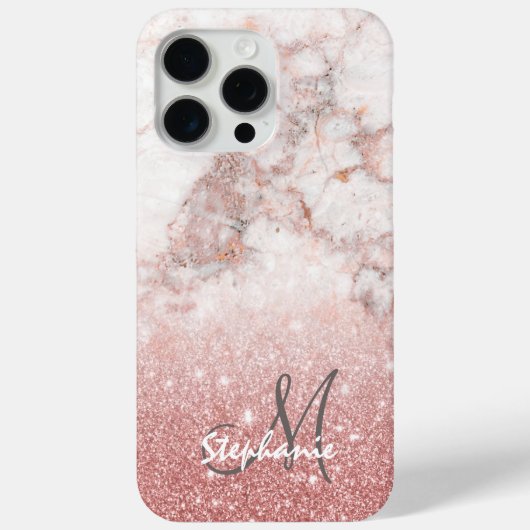 Monogram Faux Roos Gold Glitter White Marble Ombre Case-Mate iPhone Case (Achterkant)