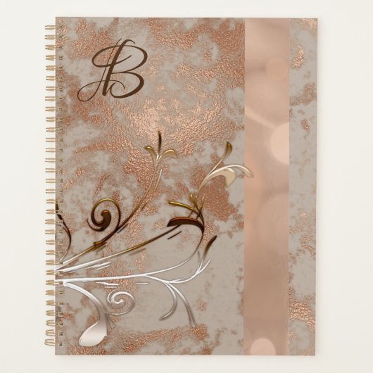 Monogram Faux Roos Gouden Bloemen Swirl Planner (Voorkant)