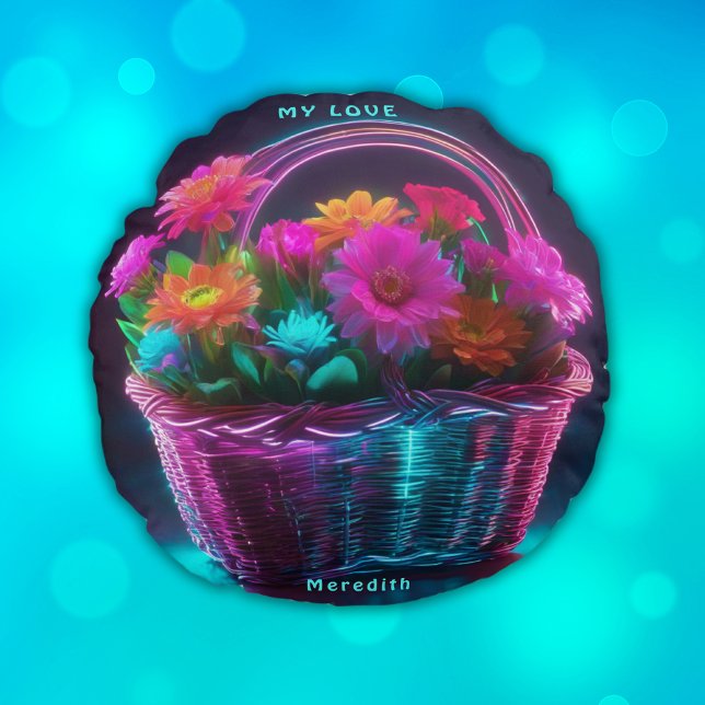 Monogram felgekleurde bloemen in een mand | rond kussen (Creator heeft geüpload)