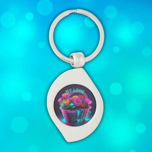 Monogram felgekleurde bloemen in een mand | sleutelhanger