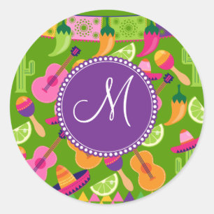 Monogram Fiesta Party Sombrero Cactus Limes Pepper Ronde Sticker