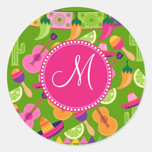 Monogram Fiesta Party Sombrero Cactus Limes Pepper Ronde Sticker (Voorkant)