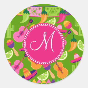 Monogram Fiesta Party Sombrero Cactus Limes Pepper Ronde Sticker