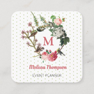 Monogram  Floral Bird WreatEvent Planner Vierkante Visitekaartje
