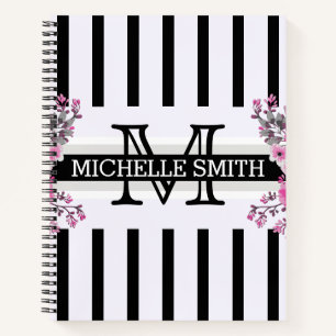 Monogram  Floral Black Stripes Notitieboek